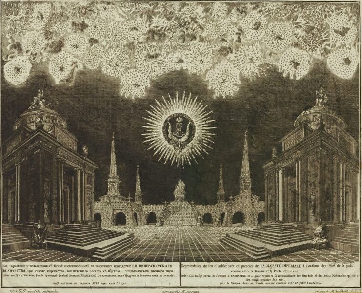Focuri de artificii pe câmpul Khodynka din apropierea Moscovei, o gravură din 1775 de către Yemelyan Alekseevich Fedoseev în Muzeul Național din Varșovia, care comemorează sărbătorile și distracțiile cu ocazia semnării tratatului Focuri de artificii pe câmpul Khodynka din apropierea Moscovei, o gravură din 1775 de către Yemelyan Alekseevich Fedoseev în Muzeul Național din Varșovia, care comemorează sărbătorile și distracțiile cu ocazia semnării tratatului